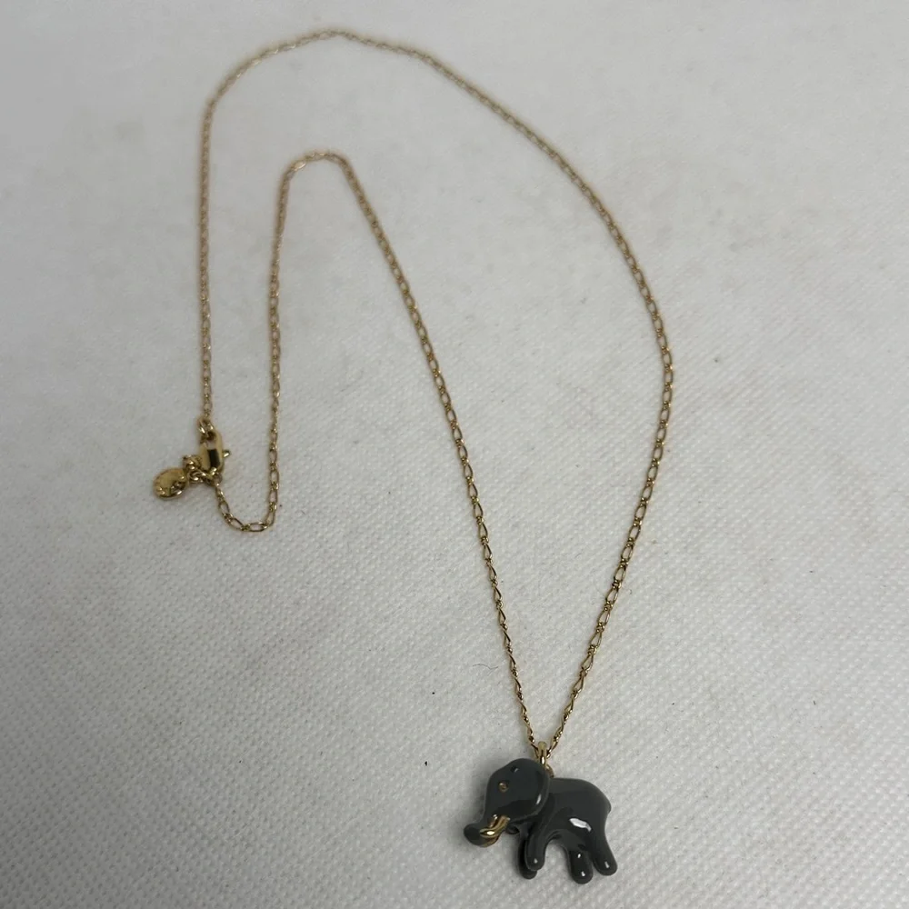 J. Crew Gold Tone Necklace with Green Faux Stone Elephant Charm – 25”